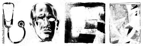 Medical stethoscope, stylized masked human face, abstract geometric shapes, halftone texture, vector illustration, isolated elements, graphic design.