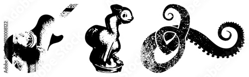 Stylized black and white vector guitar with halftone texture, rabbit figurine, octopus tentacle swirl graphic design elements for branding or UI.