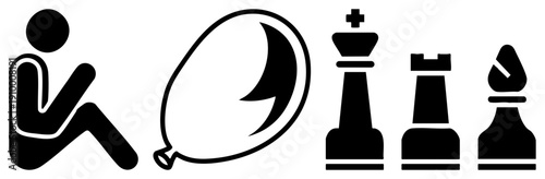 Simple vector showing a seated figure, moon balloon, and chess king, rook, bishop flat design, isolated elements, symbolic representation.