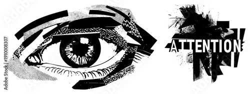 Stylized eye graphic with intricate, attention text overlay, bold halftone design, vector art, black and white, graphic design element.