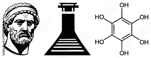 Ancient Greek philosopher bust, scientific lab flask, quinone molecular diagram, educational science, chemistry symbol, academic illustration, black and white vector.