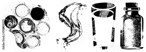 Artistic black ink splatters, dynamic water splash, textured glass cup, speckled bottle all isolated vector elements for design.