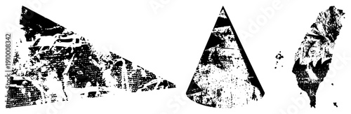 Triangular and conical forms with distressed halftone textures, graphic design elements, vector art, composition, stylized shapes.