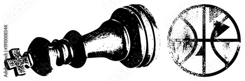 Vintage style chess king toppled on its side, paired with stylized basketball emblem, both rendered in distressed black and white vector art with halftone texture.