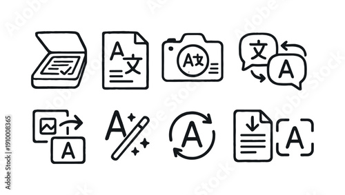 Language translation outline icon set. Multilingual, communication symbols in outline style.