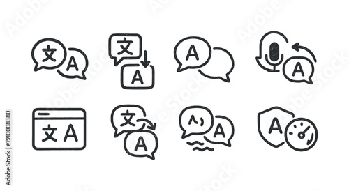 Translation and language outline icon set. Communication, conversion icons collection