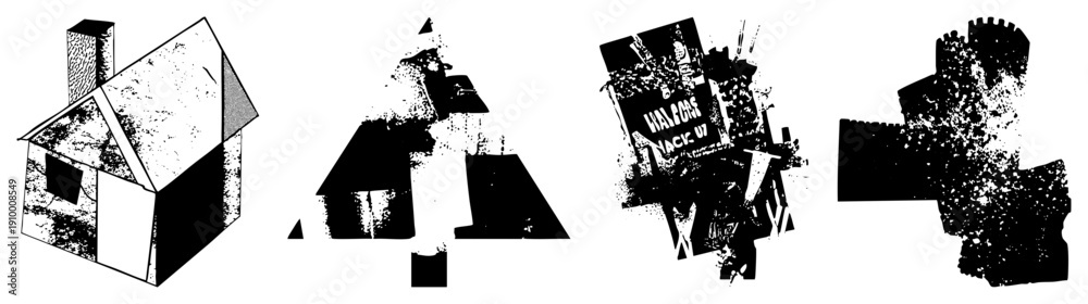 Obraz premium Stylized vector of house,, and Jack Daniel’s bottle rendered in halftone texture, isolated shapes, graphic design elements, aesthetic, bold, abstract composition.
