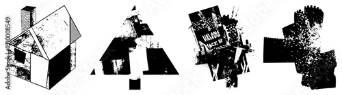 Stylized vector of house,, and Jack Daniel’s bottle rendered in halftone texture, isolated shapes, graphic design elements, aesthetic, bold, abstract composition.