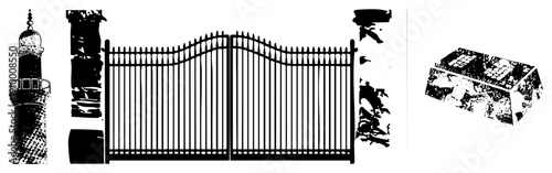 Black vector gate with vertical bars and top, flanked by textured stone pillars, paired with lighthouse silhouette, halftone texture, isolated foreground elements.