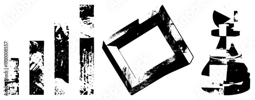 Stylized graphic forms with distressed texture, fragmented blocks, angular composition, vector art, modern abstract design.