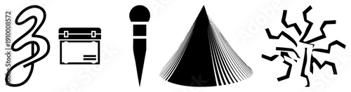 Vector set of stylized symbols including flowing curves, briefcase, microphone, cone with radiating, and chaotic shapes. Modern minimalist design for UI or branding.