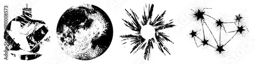 Geometric moon, fractured sphere, radiant sunburst, starry constellation all rendered in stark black and white vector art, ideal for cosmic or astrological design themes.