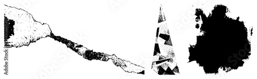 Three stylized vector forms elongated halftone spray, geometric, and organic ink blot. Flat design with texture, isolated foreground elements.