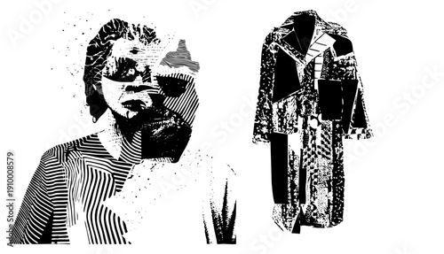 Black and white halftone portrait with geometric, paired with a stylized coat featuring fragmented textures, vector art, graphic design, fashion illustration.