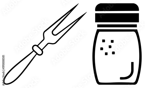 Simple fork and salt shaker, culinary tools, dining accessories, minimalist kitchenware, food seasoning, tableware.
