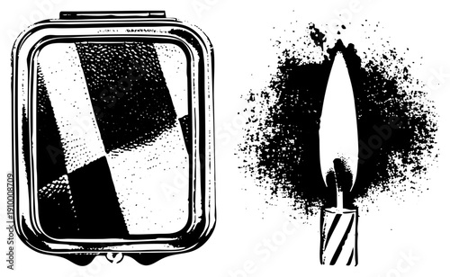 Classic pocket mirror with checkered reflection, candle flame with splattered ink effect, halftone style, isolated graphic elements.