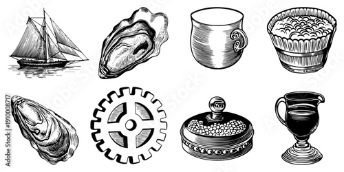 Sailboat on waves, oyster, ceramic mug, bread basket, gear wheel, bean container, goblet all rendered in vintage engraved style with fine and clean.