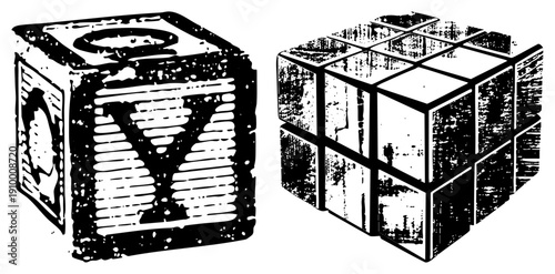 Classic wooden block toy with engraved profile and ’s cube puzzle, both rendered in high contrast halftone style, ideal for retro design or educational content.