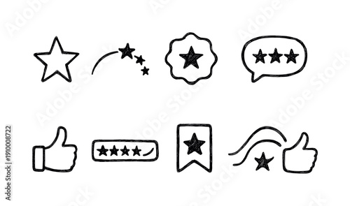Review and rating icon set: hand-drawn outline style for feedback graphics