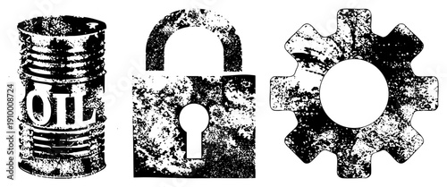 Grungy vector symbols of oil barrel, padlock, and gear, isolated on transparent background, distressed texture, mechanical and security themes, industrial design elements.