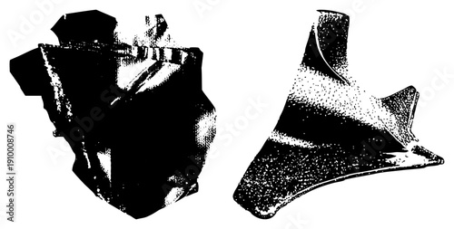 Two stylized angular forms with halftone shading, vector art, black and white graphic, isolated design elements, modern minimalist aesthetic.