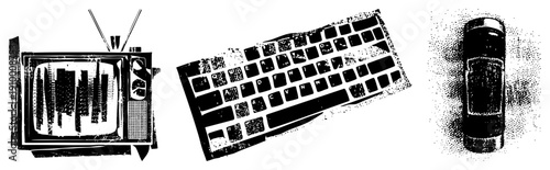 Classic set with antenna, retro computer keyboard, cassette tape, halftone style, digital nostalgia, tech relics, isolated vector graphics.