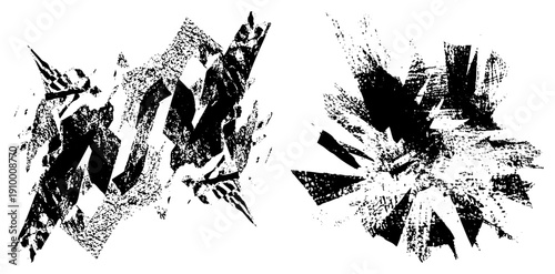 Bold abstract composition of shattered geometric forms, halftone texture, graphic design element, vector art, high contrast visual, modern art piece, digital illustration.