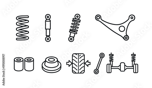 Vehicle suspension line icon set. Car parts, automotive technology symbols outline style.