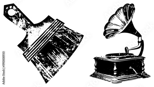 Classic paintbrush with worn bristles and antique gramophone with horn, vintage art tools, retro design, black and white vector, artistic equipment, creative heritage.