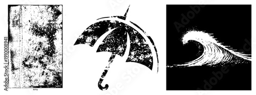 Distressed halftone textures, weathered umbrella, stylized ocean wave, vector art, graphic design elements, retro aesthetic, isolated foreground.