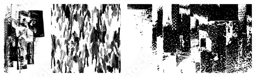 Fragmented abstract shapes in halftone, vector graphic, geometric composition, design, digital art piece, stylized texture, graphic element.