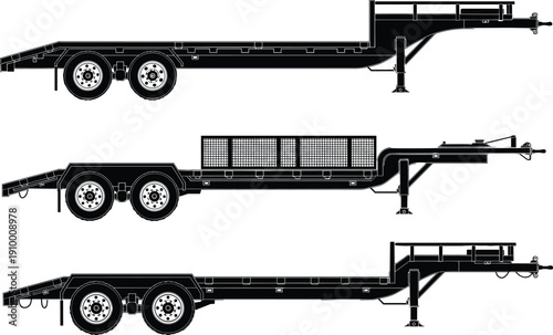 Black silhouette set of heavy duty flatbed trailers and gooseneck haulers for vehicle transport isolated on white background, industrial shipping and logistics vector illustration.