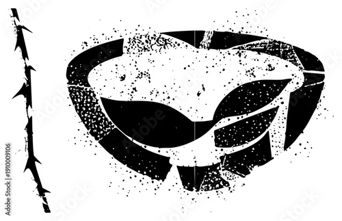 Grungy alien face mask with splatter texture, sci fi horror, extraterrestrial, black and white vector art, isolated graphic design.