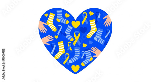 World Down Syndrome Day, ribbons, and hands forming a vibrant heart, symbolizing global awareness, support, and compassion for social causes and unity