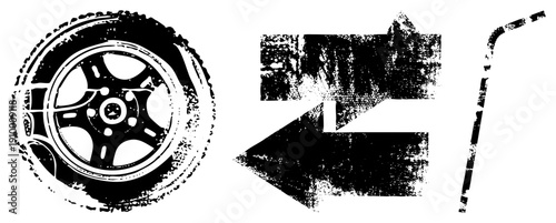 Distressed vector car wheel with tire, left pointing arrow, bent straw. Urban grit aesthetic,, isolated elements. Perfect for streetwear, signage, or graphic design.