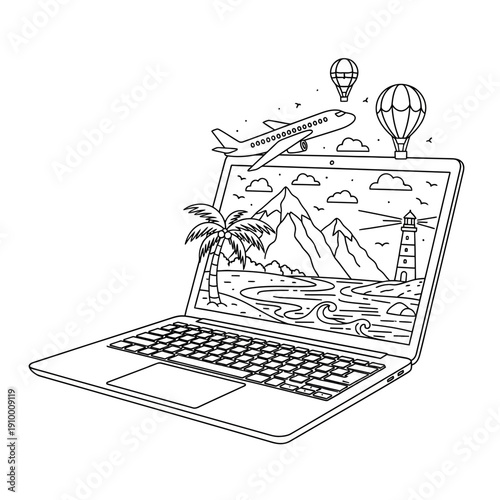 Laptop displaying tropical landscape with airplane and hot air balloons
