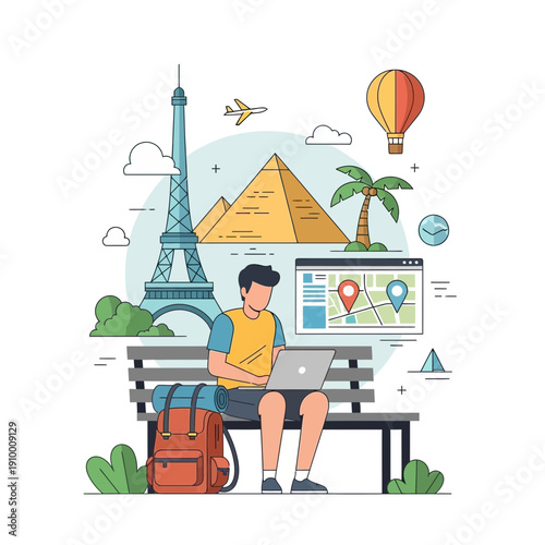 Man planning travel on laptop with famous landmarks and map
