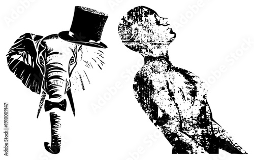 Vintage style vector illustration of a dapper elephant in formal attire facing a human profile, both rendered in halftone dot texture, classic graphic design, isolated foreground elements.