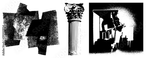 Fragmented halftone geometric forms, classical Corinthian column, stylized architectural silhouette, vector art, black and white graphic design.