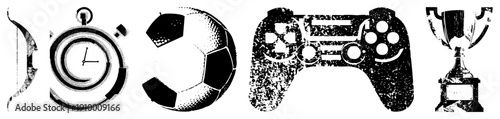 Black and white halftone graphic bow, timer, football, gaming pad, award cup. Vector symbols for sports, gaming, time, achievement. Isolated design elements.