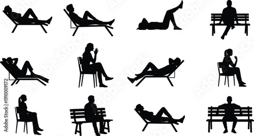 Black silhouette set of people relaxing on park benches, lounge chairs, and deck chairs, side and front view isolated on white background icons.