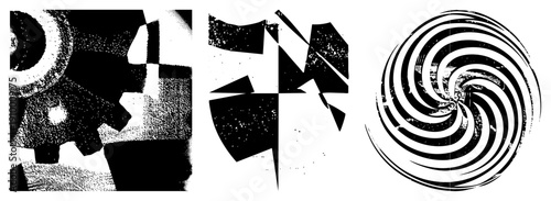 Fragmented geometric forms with halftone grain, angular, radial spiral, vector art, graphic design elements.