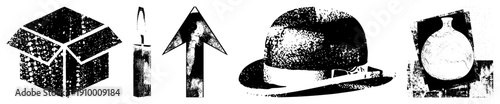 Retro halftone graphic including shipping box, knife, upward arrow, bowler hat, and vase stylized vector symbols with grainy texture, ideal for design projects.