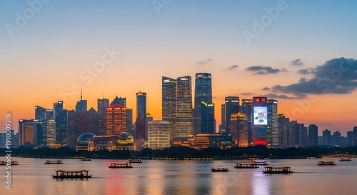 City skyline at sunset with buildings and boats on water
