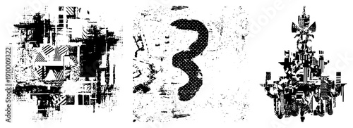 Fragmented black and white graphic with halftone textures, geometric forms, and layered, abstract art, digital vector design, glitch aesthetic.