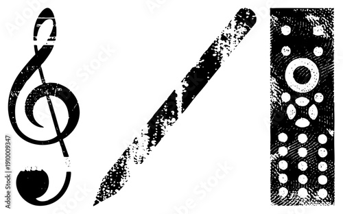 Stylized treble clef, writing instrument, and remote, all rendered in gritty black and white vector art with worn texture, ideal for creative or tech themed designs.