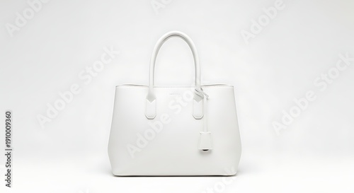 A stylish white handbag with a silver logo and dual handles