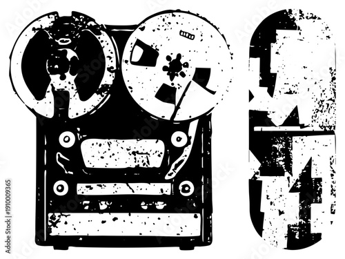Retro reel to reel machine with worn texture, vintage recording equipment, analog tape deck, studio gear, black and white vector illustration.