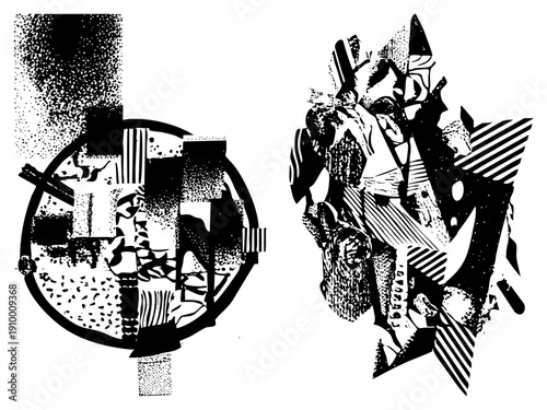 Graphic composition of fragmented forms with halftone textures, vector art, black and white design, stylized abstraction, modern graphic elements.