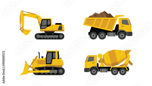 Construction Heavy Machinery Vehicle Icon Set, Excavator Dump Truck Bulldozer Mixer Collection